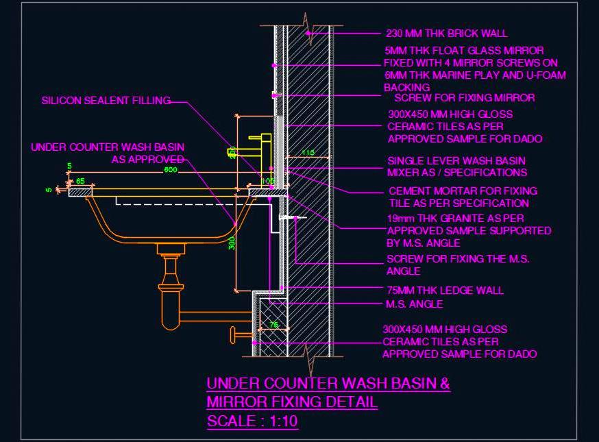 Under Counter Wash Basin Fixing CAD Detail